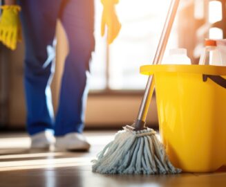 young woman in protective gloves using a wet mop to clean her floor. شركة تنظيف المنازل بجدة
